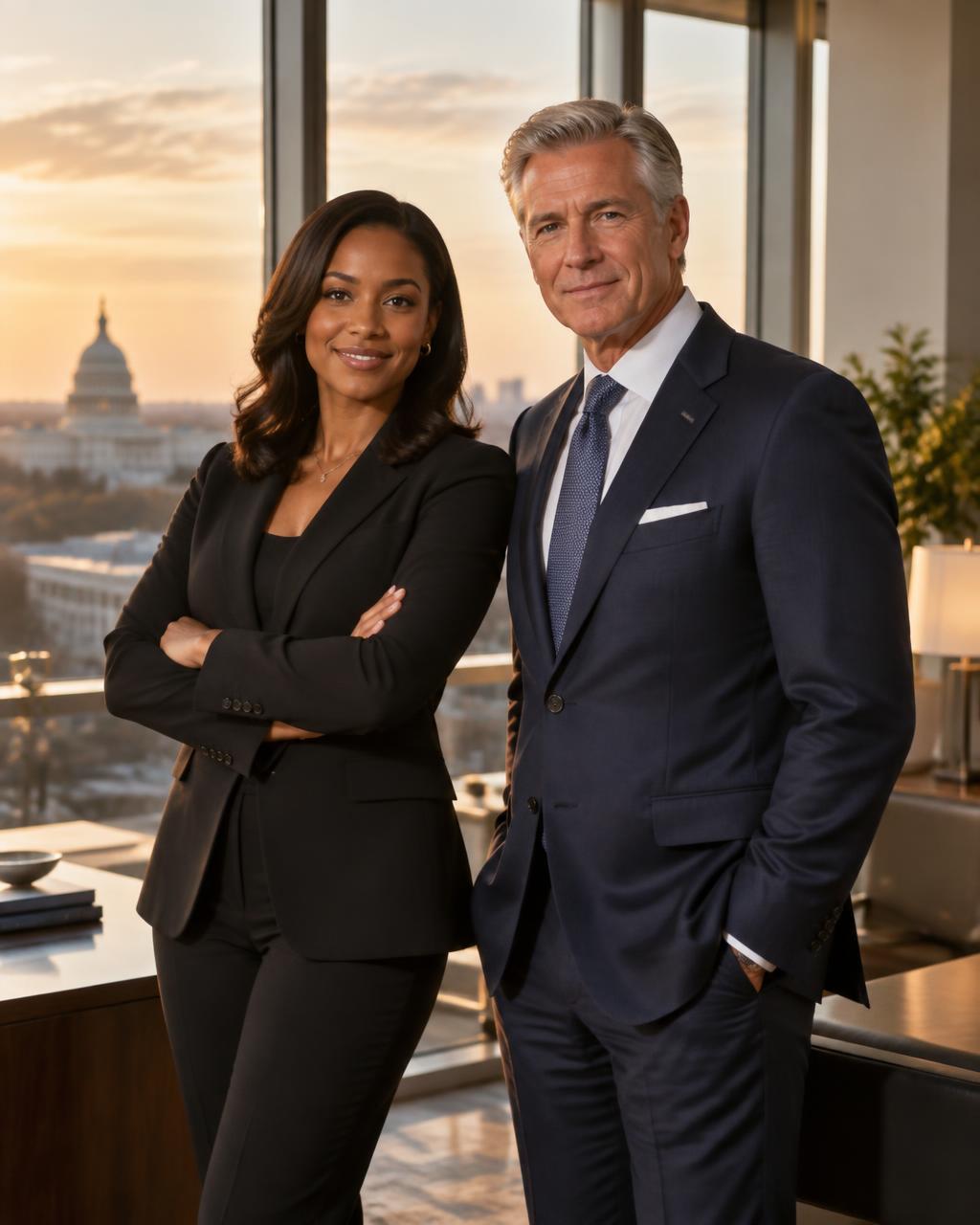 Two defense industry leaders in an office overlooking the U.S. Capitol